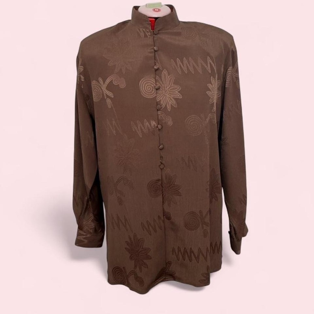 Vintage Tess brown‎ satin jacquard mandarin collar blouse large